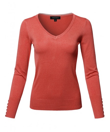 Women's Classic Casual Solid Long Sleeve V-Neck  Pullover Sweater