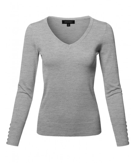 Women's Classic Casual Solid Long Sleeve V-Neck  Pullover Sweater