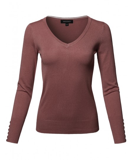 Women's Classic Casual Solid Long Sleeve V-Neck  Pullover Sweater