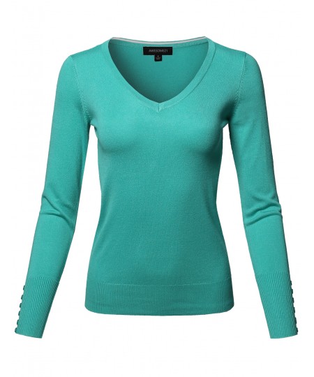 Women's Classic Casual Solid Long Sleeve V-Neck  Pullover Sweater