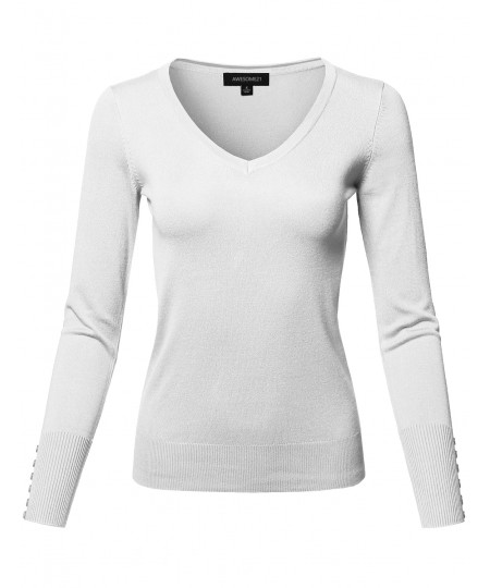 Women's Classic Casual Solid Long Sleeve V-Neck  Pullover Sweater