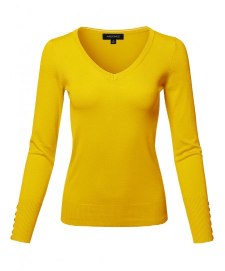 Women's Classic Casual Solid Long Sleeve V-Neck  Pullover Sweater