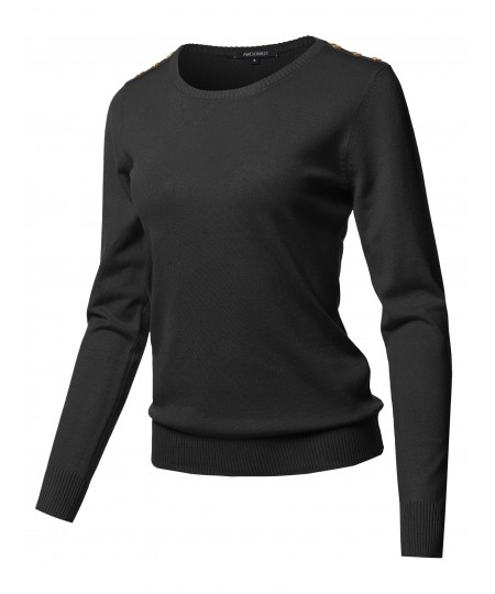 Women's Solid Button Detailed Round Neck Viscose Knit Sweater Top