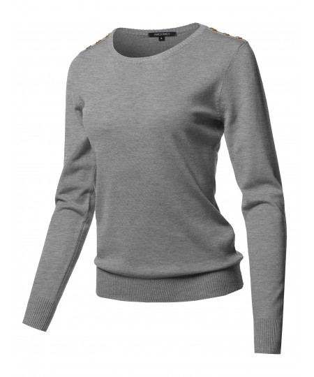 Women's Solid Button Detailed Round Neck Viscose Knit Sweater Top