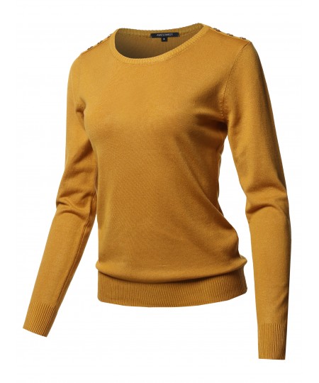 Women's Solid Button Detailed Round Neck Viscose Knit Sweater Top