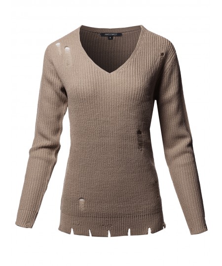 Women's Casual Solid Distressed Detail V-Neck Over-Sized Knit Sweater