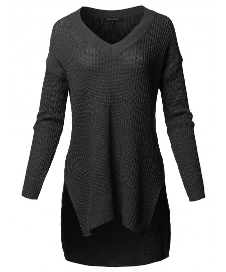 Women's Casual Solid V-Neck Long Sleeves Oversized Knit Sweater