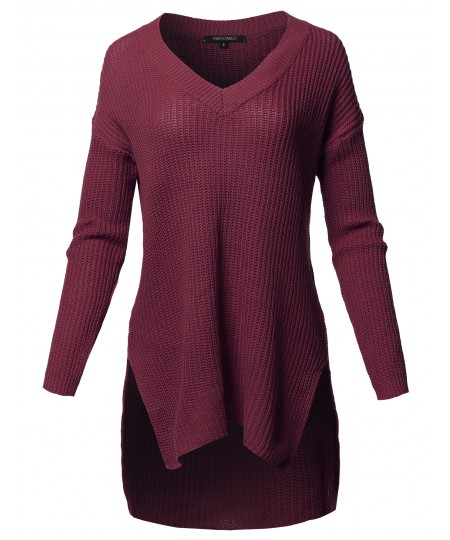 Women's Casual Solid V-Neck Long Sleeves Oversized Knit Sweater