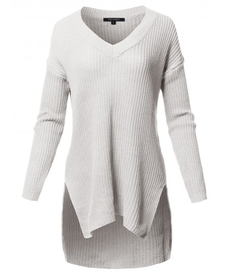 Women's Casual Solid V-Neck Long Sleeves Oversized Knit Sweater