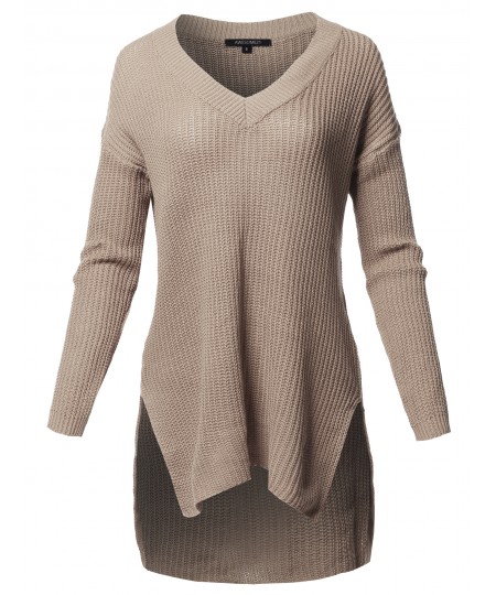 Women's Casual Solid V-Neck Long Sleeves Oversized Knit Sweater