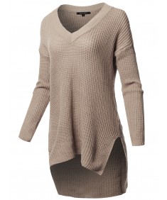 Women's Casual Solid V-Neck Long Sleeves Oversized Knit Sweater