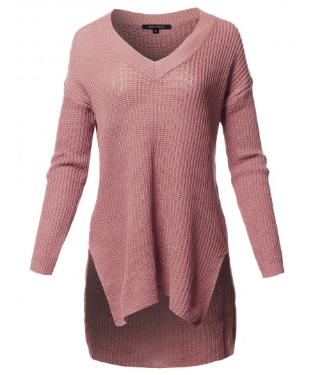 Women's Casual Solid V-Neck Long Sleeves Oversized Knit Sweater