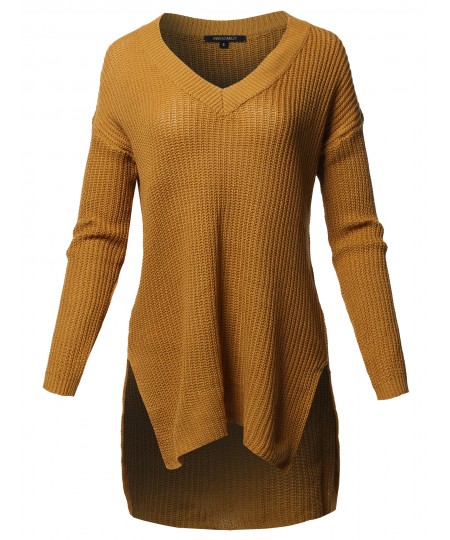 Women's Casual Solid V-Neck Long Sleeves Oversized Knit Sweater