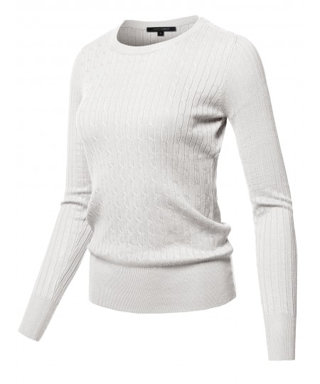 Women's Solid Long Sleeve Round Neck Cable Knit Sweater