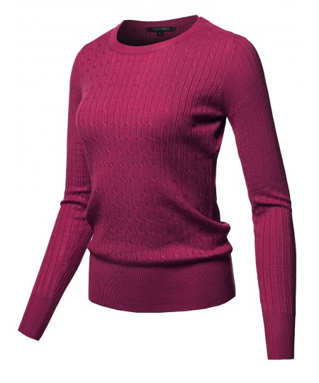 Women's Solid Long Sleeve Round Neck Cable Knit Sweater