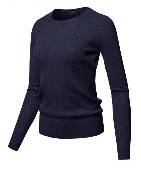 Women's Solid Long Sleeve Round Neck Cable Knit Sweater