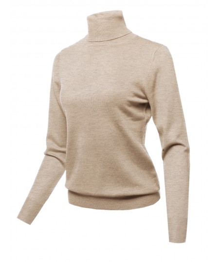 Women's Solid Turtle Neck Long Sleeves Knit Sweater Top