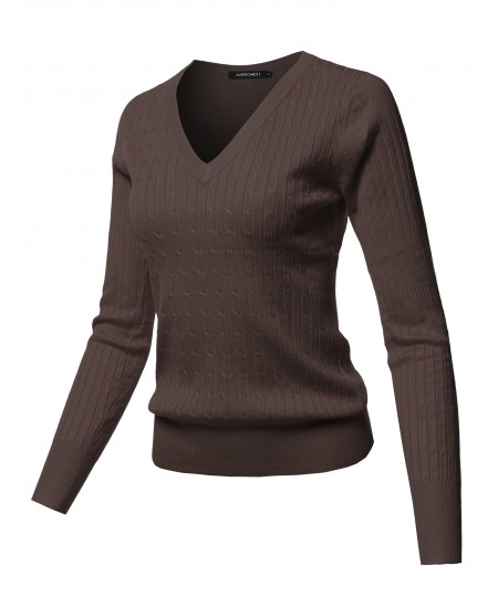 Women's Solid V-Neck Long Sleeve Viscose Nylon Cable Knit Sweater Top