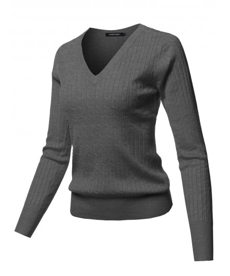 Women's Solid V-Neck Long Sleeve Viscose Nylon Cable Knit Sweater Top