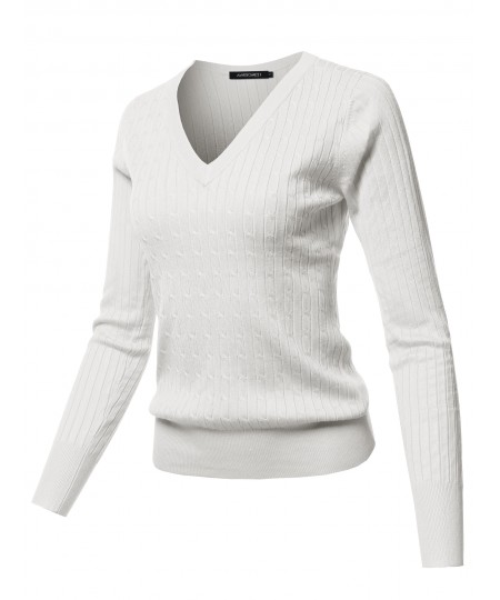 Women's Solid V-Neck Long Sleeve Viscose Nylon Cable Knit Sweater Top