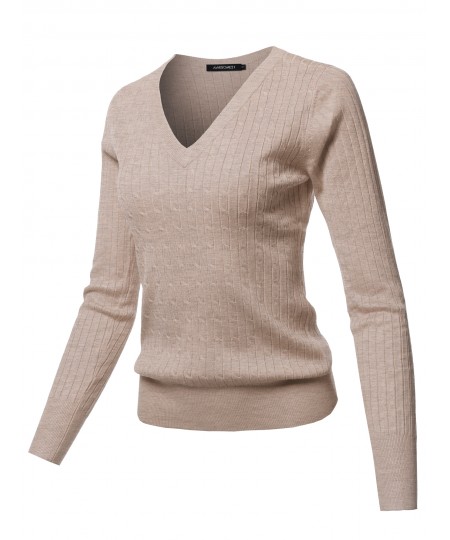 Women's Solid V-Neck Long Sleeve Viscose Nylon Cable Knit Sweater Top