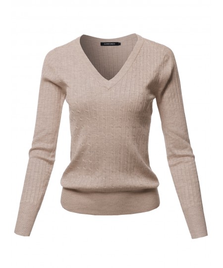 Women's Solid V-Neck Long Sleeve Viscose Nylon Cable Knit Sweater Top