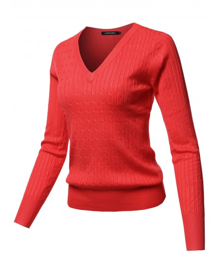 Women's Solid V-Neck Long Sleeve Viscose Nylon Cable Knit Sweater Top