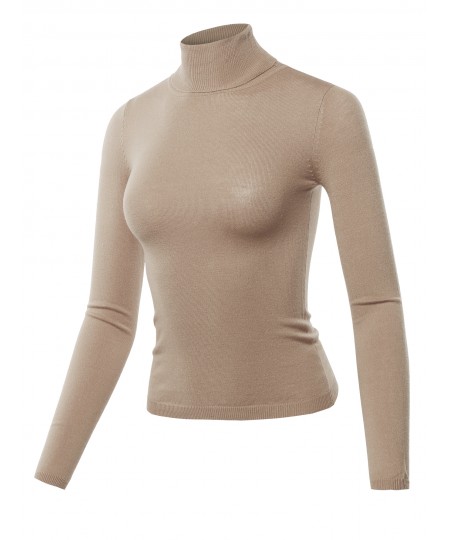 Women's Solid Turtle Neck Long Sleeves Sweater Top