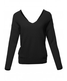 Women's Casual V Neck Criss Cross Backless Loose Knitted Pullovers