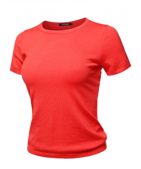 Women's Classic Solid Round Neck Short Sleeve Viscose Knit  Sweater Top