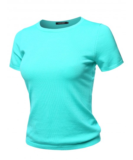Women's Classic Solid Round Neck Short Sleeve Viscose Knit  Sweater Top