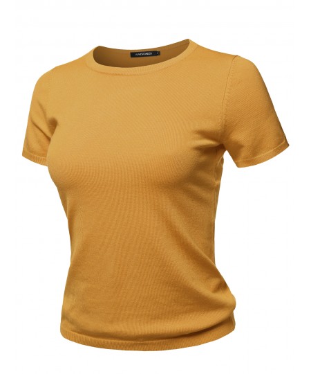 Women's Classic Solid Round Neck Short Sleeve Viscose Knit  Sweater Top