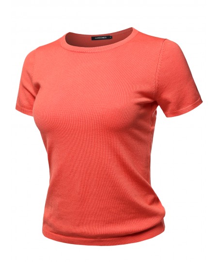 Women's Classic Solid Round Neck Short Sleeve Viscose Knit  Sweater Top