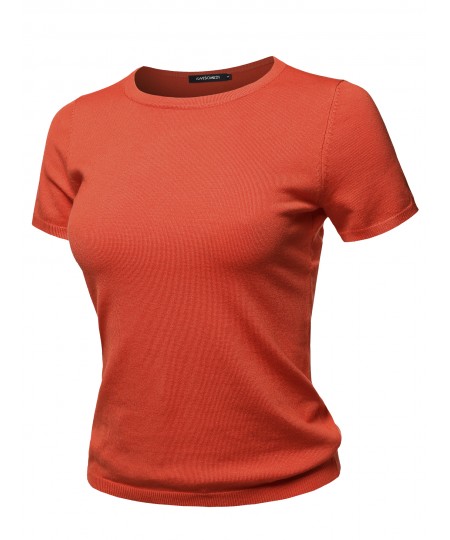 Women's Classic Solid Round Neck Short Sleeve Viscose Knit  Sweater Top