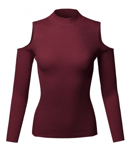 Women's Causal Fitted Cold Shoulder Long Sleeve Mock Neck Rib Top