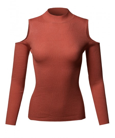 Women's Causal Fitted Cold Shoulder Long Sleeve Mock Neck Rib Top