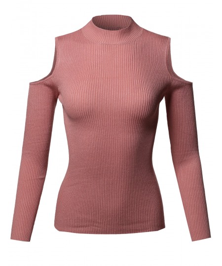 Women's Causal Fitted Cold Shoulder Long Sleeve Mock Neck Rib Top