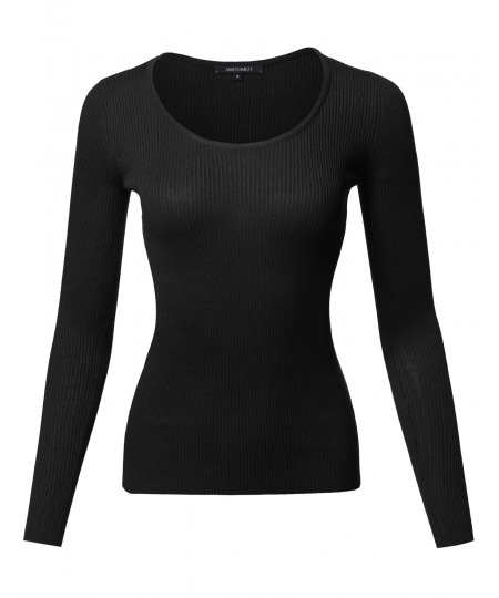 Women's Causal Basic Fitted Long Sleeve Scoop Neck Rib Top