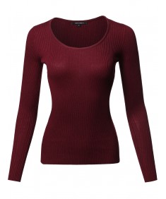 Women's Causal Basic Fitted Long Sleeve Scoop Neck Rib Top