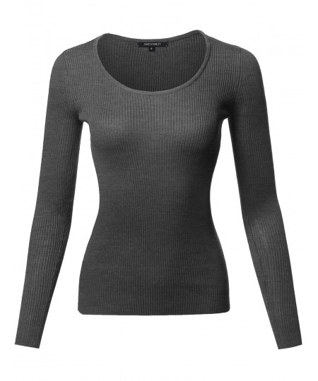 Women's Causal Basic Fitted Long Sleeve Scoop Neck Rib Top