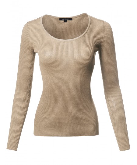 Women's Causal Basic Fitted Long Sleeve Scoop Neck Rib Top