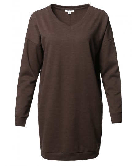 Women's Casual Over-sized Loose Fit V-neck Tunic Length Sweatshirts