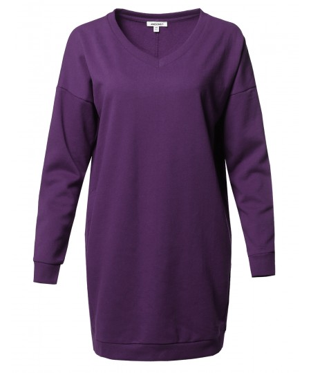 Women's Casual Over-sized Loose Fit V-neck Tunic Length Sweatshirts