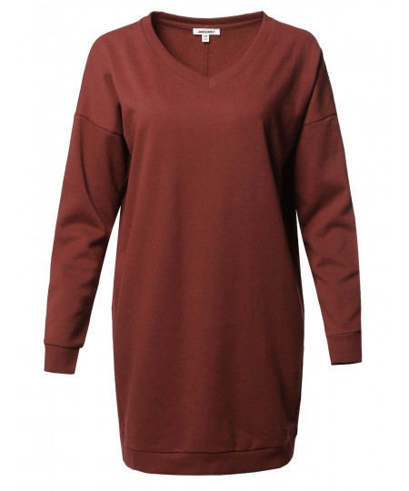 Women's Casual Over-sized Loose Fit V-neck Tunic Length Sweatshirts