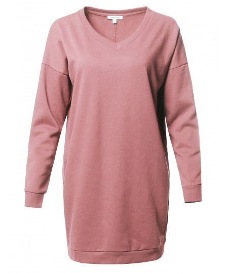 Women's Casual Over-sized Loose Fit V-neck Tunic Length Sweatshirts