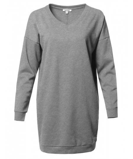 Women's Casual Over-sized Loose Fit V-neck Tunic Length Sweatshirts