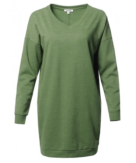 Women's Casual Over-sized Loose Fit V-neck Tunic Length Sweatshirts