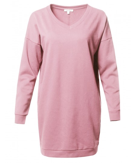 Women's Casual Over-sized Loose Fit V-neck Tunic Length Sweatshirts