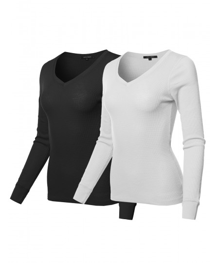 Women's Basic Casual Solid Long Sleeve V-neck Thermal Tops