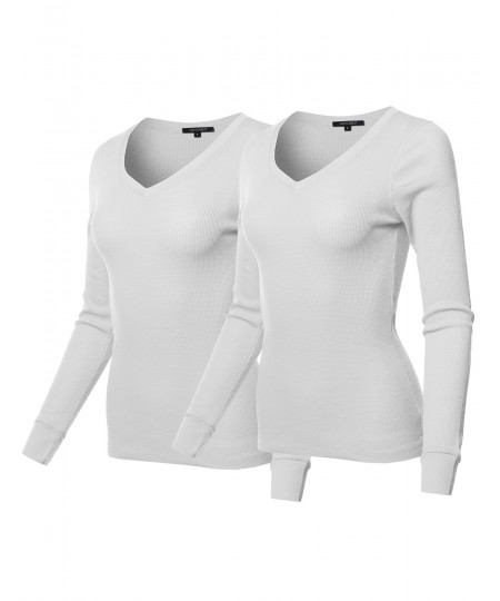 Women's Basic Casual Solid Long Sleeve V-neck Thermal Tops